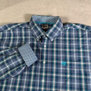 Cinch Shirt Mens Large Blue Teal Plaid Long Sleeve Button Down Western‎ Logo